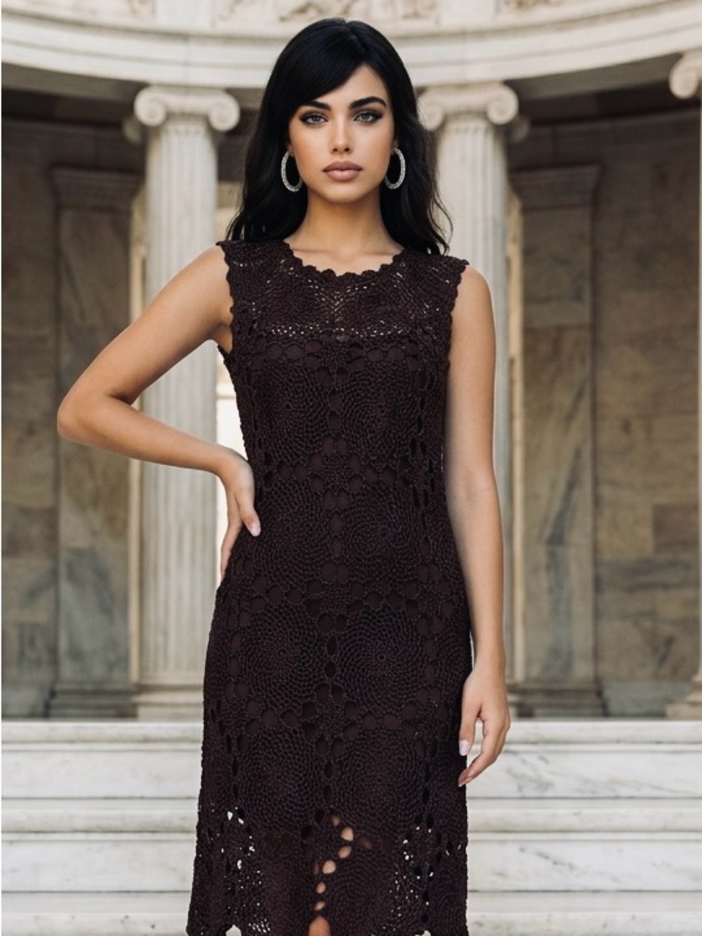Trina Turk Black Cotton Crochet Formal Luxury Formal Lined Midi Dress-M